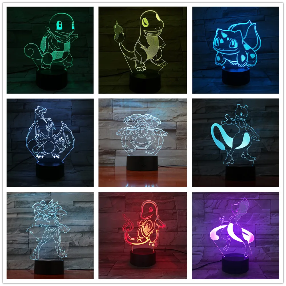 Pokemon 3D LED Anime Lamp Figure Decoration Lights Cartoon Game Charmander Squirtle Mewtwo Bulbasaur Figurine Bedoom Kids Gifts