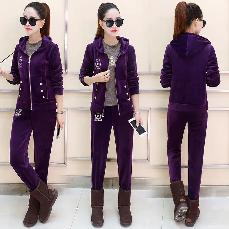 

2018 Set WOMEN'S Dress Brushed And Thick Gold Velvet Embroidered Three-piece Set WOMEN'S Suit Fashion Casual Sports Clothing