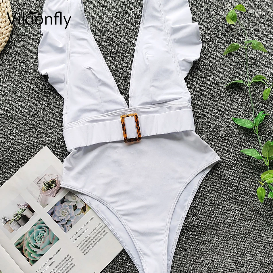 

Vikionfly Sexy V-neck Trikini Women 2021 One Piece Swimsuit Thongs Padded Ruffle Brazilian Swimwear Bathing Suit Swim Monokini