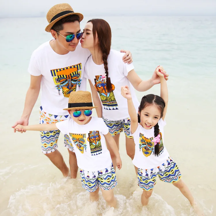 

Beach seaside parent-child summer dress home women's short-sleeved printed cotton casual suit parent-child family party set