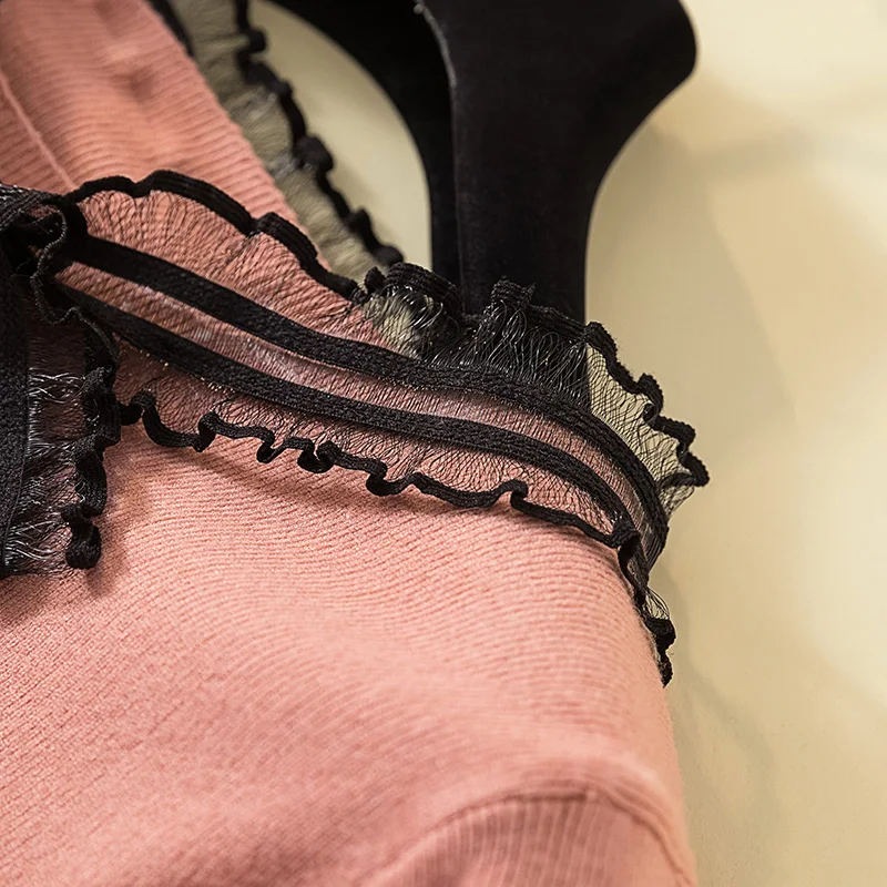 Sweater Women Autumn Winter Elegant Sweet Frill Lace Trim Bow Single Breasted Cardigan Ladies Knitted Sweater Soft Knitwear