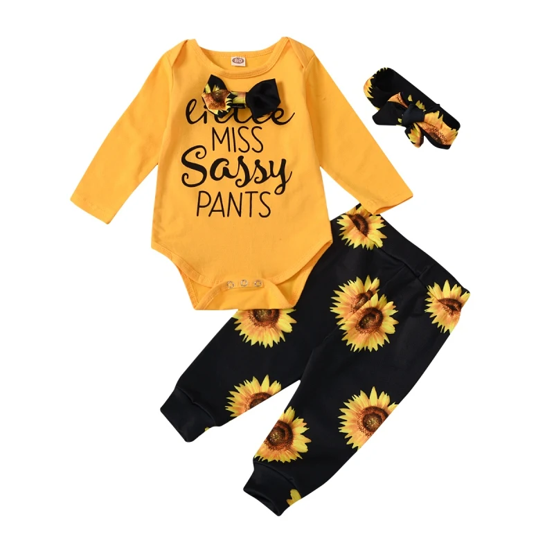 

Newborn Baby Girls Boys Long Sleeve Clothes Sunflower Bowknot 3 PCS Set Suit Infant Sisters Letter Clothing Romper Costume 0-24M