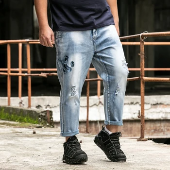 

Port&Lotus Plus Size Stretch Jeans Men Ripped Loose Streetwear Hip Hop Pants Denim Casual Sweatpants Ankle length Trousers
