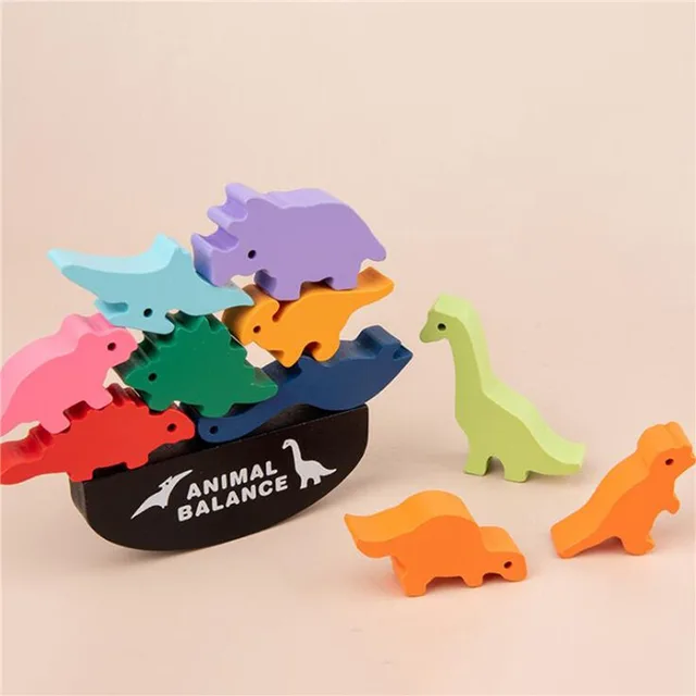 Children Montessori Wooden Animal Balance Blocks Board Games Toy Dinosaur Educational Stacking High Building Block Wood Toy Boys 6