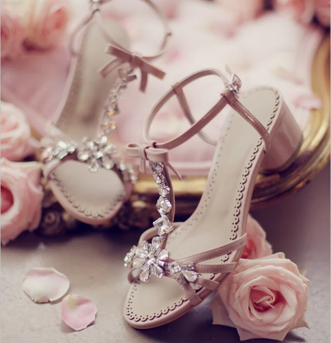 Wedding Flats Bride Flat Bridal Bow Knote Mary Jane Shoes Peep Toe Women Ladies Rhinestone Pink Chunky Sandals Elegant Luxury