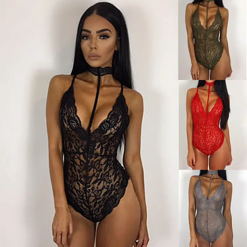 

Sexy Lingerie Women Halter Lace Choker Bodysuits Deep V Neck Solid Nightwear Underwear Babydoll Sleepwear Teddies