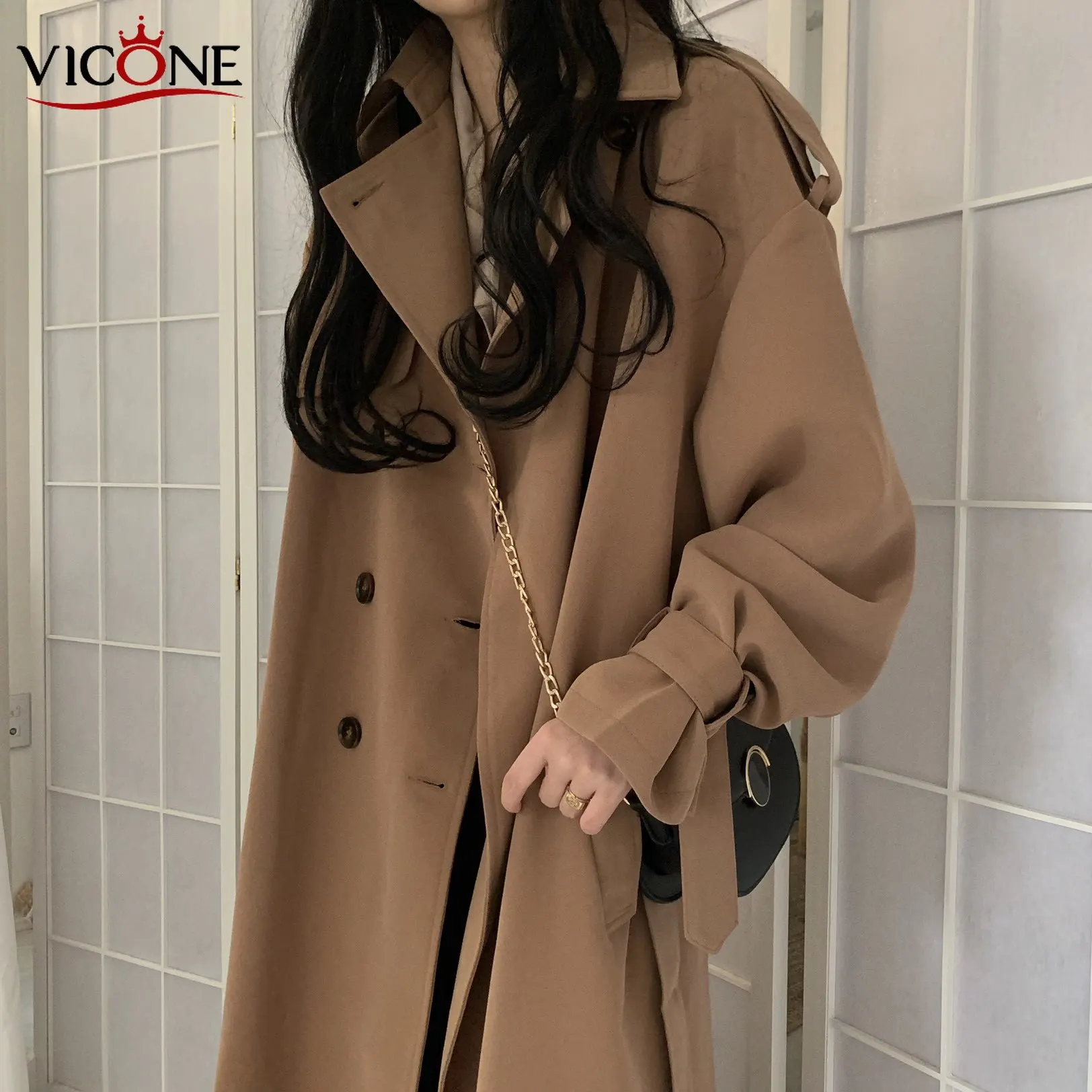 

VICONE Office Ladies Double Breasted Trench Coats Women Fashion Belted Long Loose Female Korean Windbreaker Overcoats