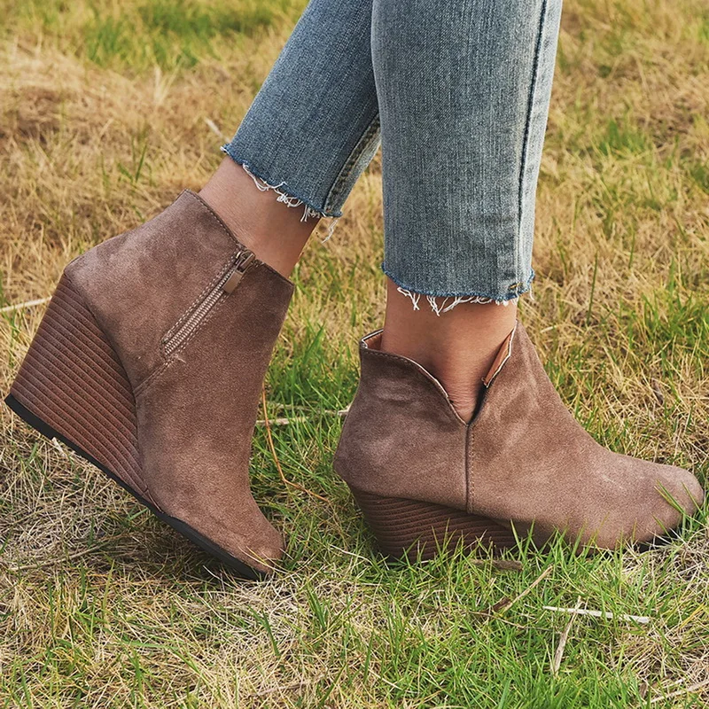 

DIHOPE Pointed Toe Booties Winter Women Leopard Ankle Boots Footwear Platform High Heels Wedges Shoes Woman Bota Feminina