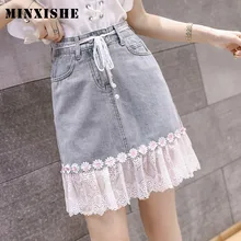 Новая джинсовая кружевная мини-юбка размера плюс, сексуальная Весенняя женская джинсовая юбка, короткие юбки с поясом, Корейская сетка, Лоскутная Женская юбка