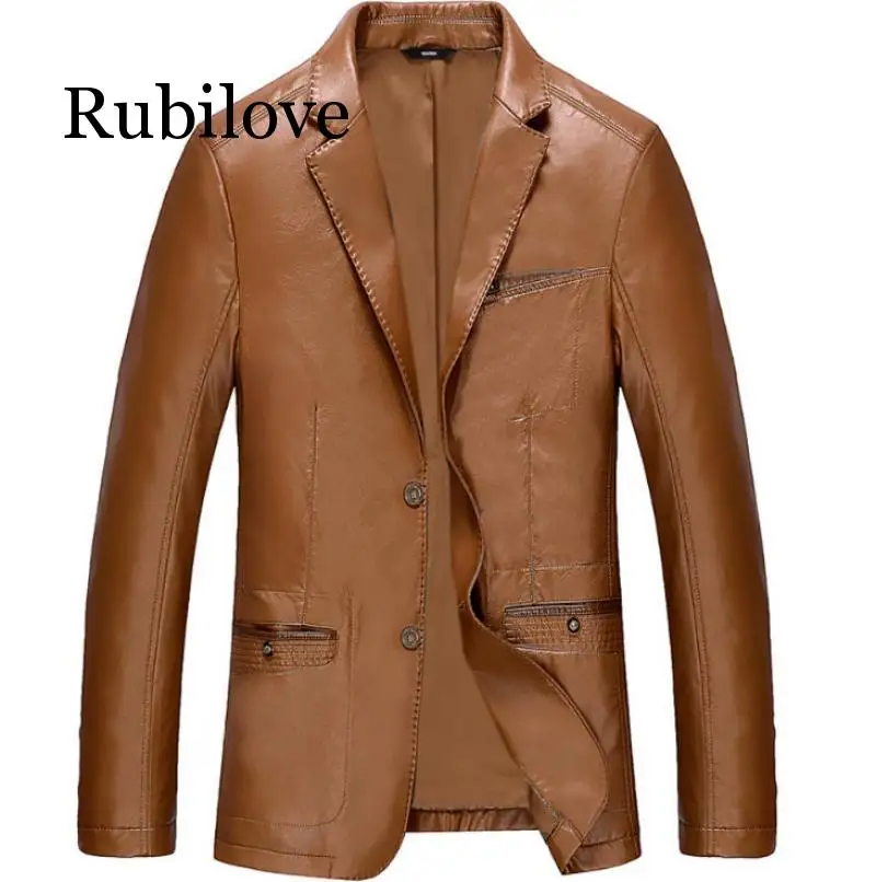 Rubilove, весенне-осенние брендовые кожаные куртки, мужские смарт-повседневные Карманы, украшение, искусственная кожа, куртка, мужское тонкое пальто, черный M-4XL