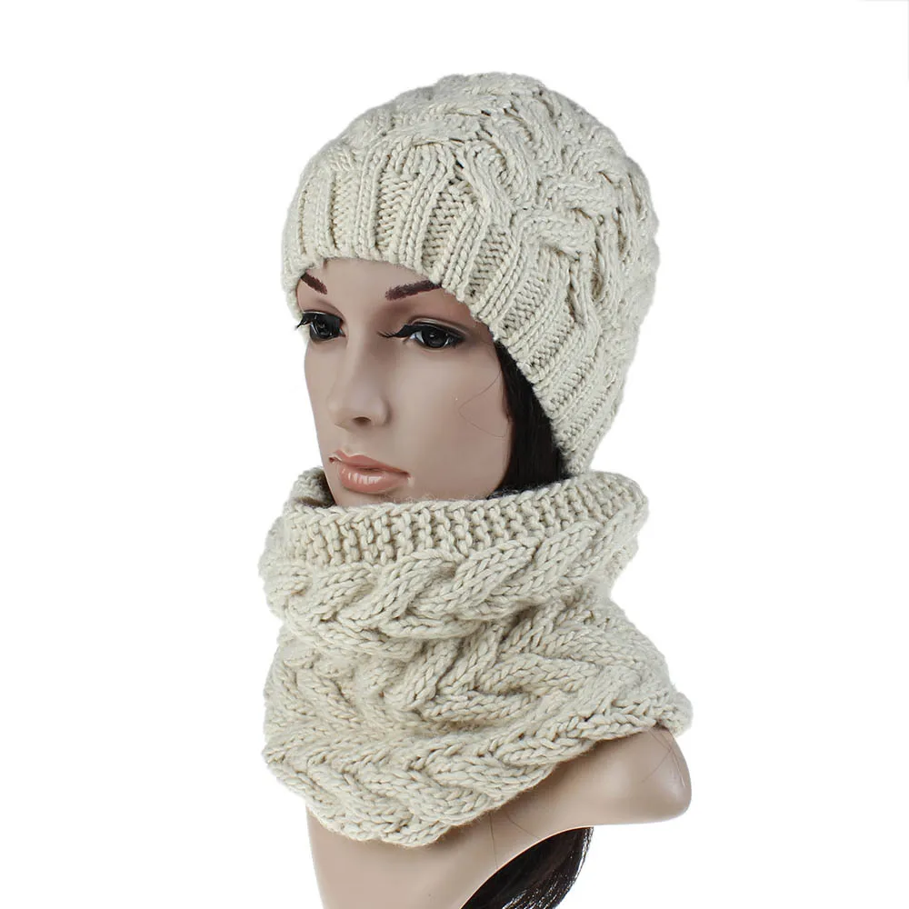 New Style Knitted Hat Scarf Set European And American-Style Winter WOMEN'S Hat Twist Knitting Wool Cap Warm Scarf