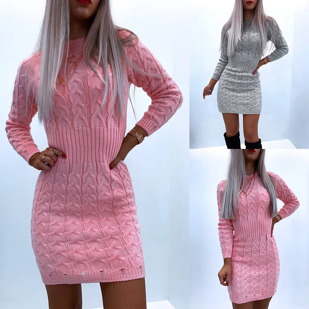 

Autumn Winter Warm Long Sleeve Solid Color Women Knitted Ribbed Sweater Dress O Neck Pullover Jumper Female Clothes