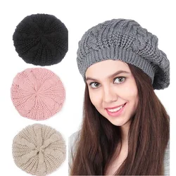 New Winter Cable Knit Beret Cap For Women Elegant Twisted Hemp Flower Keep Warm Handmade Knitting Beanie Hat Thickened Warm Cap