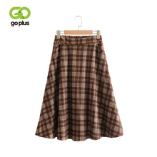 GOPLUS, Осень-зима, плиссированные юбки с высокой талией, женские элегантные винтажные миди юбки с эластичным поясом и карманами, Женская клетчатая юбка C6584
