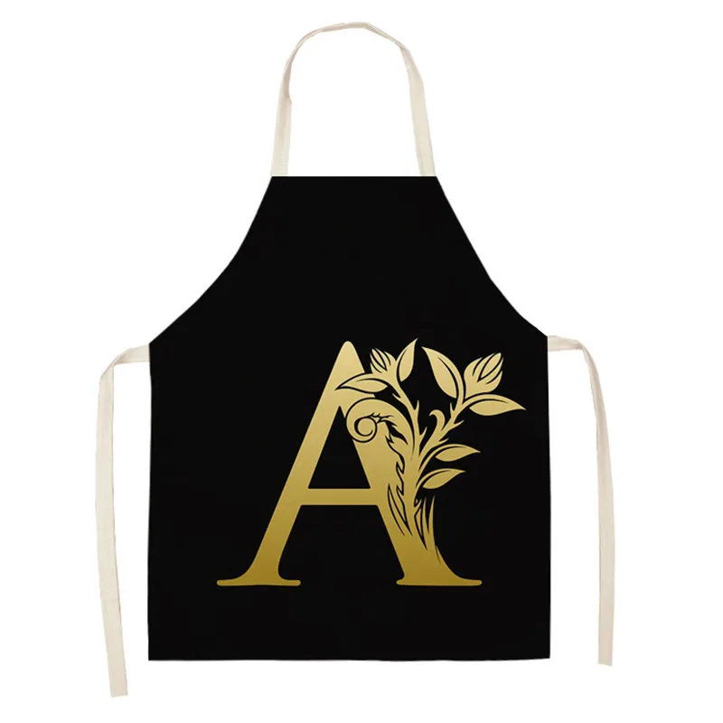 Letter Apron for Women Cotton Linen Bibs Household Cleaning Pinafore Black Golden Flower Kitchen Aprons Home Cooking Kid Aprons