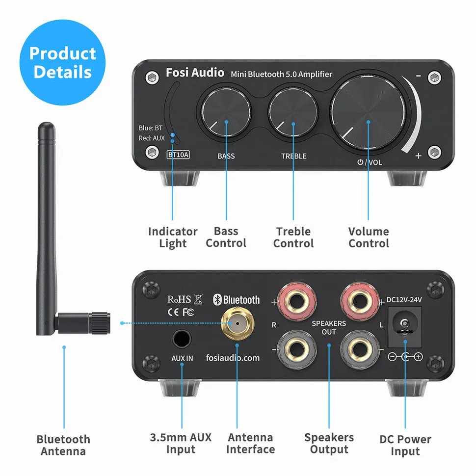 Potência de Som Hi-fi para Alto-falantes Agudos e Baixos Fosi Audio Amplificador Estéreo Bluetooth 2 Canais Tpa3116d2 Mini Digital 50w Bt10a - Image 3