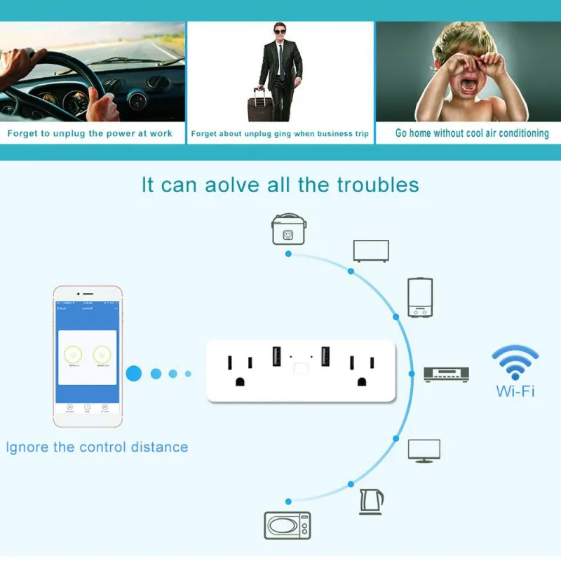 Стандарт США WiFi Smart Plug 2 розетки двойной USB порт приложение голосовой пульт дистанционного управления огнестойкая розетка