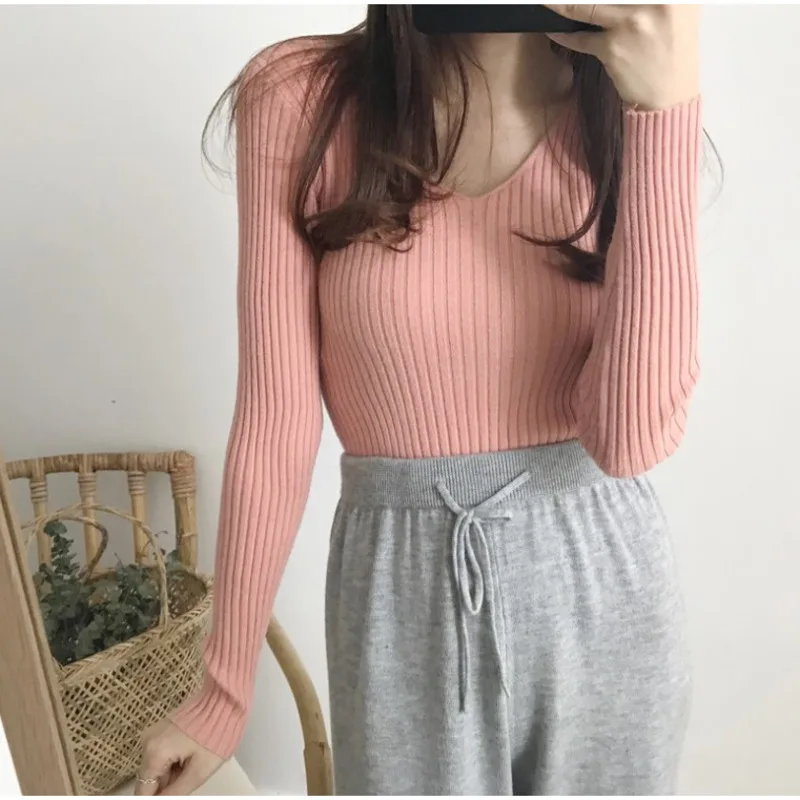 

Casual Knitted Women's Pullovers Solid Color V- Neck Women's Tight Elastic Pullover Sweater Female Sueter Mujer En*
