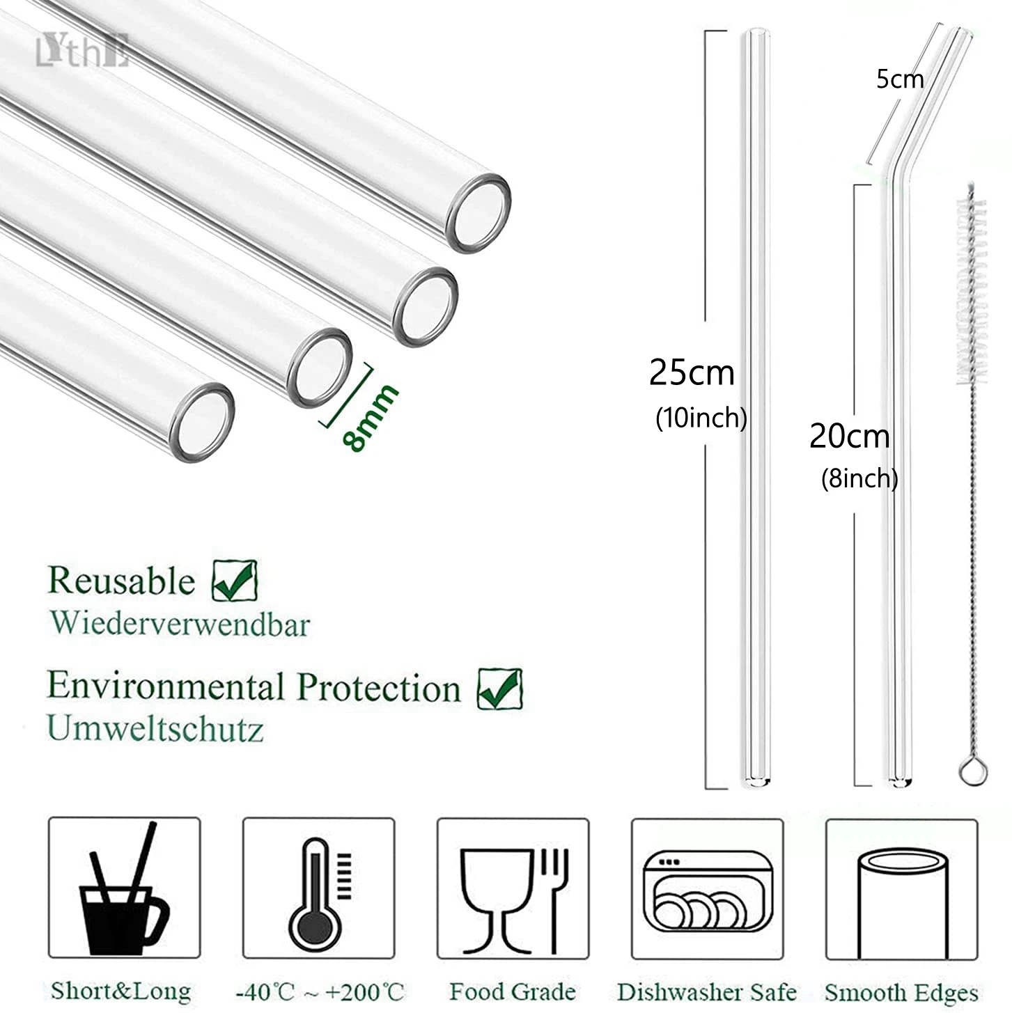 25cm Length Glass Straws Reusable Drinking Long Straws for Cocktail Beer Drinkware Smoothie Milkshakes Eco-friendly
