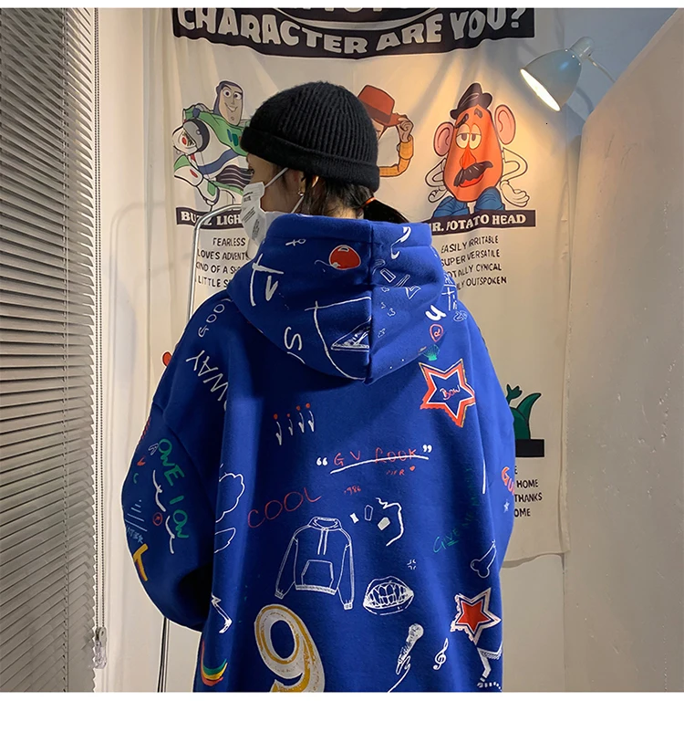 Мужской утепленный принт комиксы, пальто, хлопковая одежда, толстовки с капюшоном, повседневный Модный пуловер, свободные мужские толстовки, большие размеры M-5XL