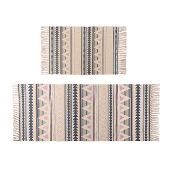 

Nordic Style Kilim Area Rug with Tassels, Hand Woven Cotton Print Rugs with Non-Slip Pads/Mat Check Stripe Fringe Bedroom Carpet