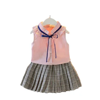 

Fashion girl clothes Summer kids Sleeveless shirt Tops+lattice dress 2PCS Outfits Set Children Kid Girl Clothing