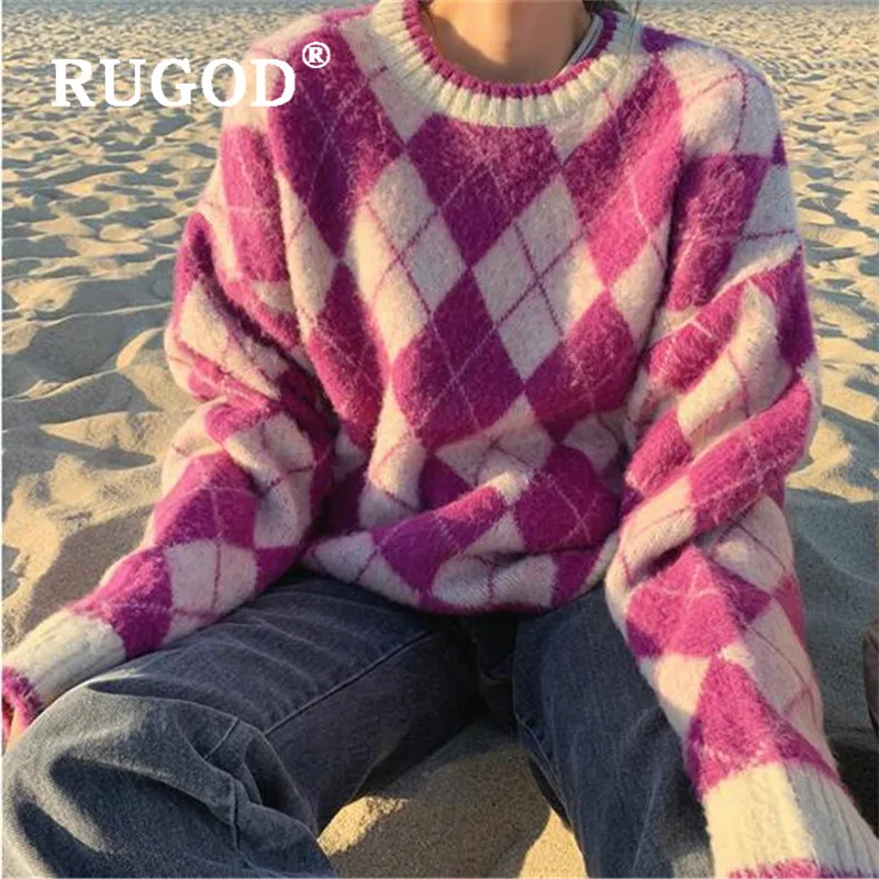 RUGOD, женский свитер, корейский стиль, шикарный, круглый вырез, контрастный цвет, Ромб, длинный рукав, вязаный пуловер, Повседневный, для девушек, зимний джемпер