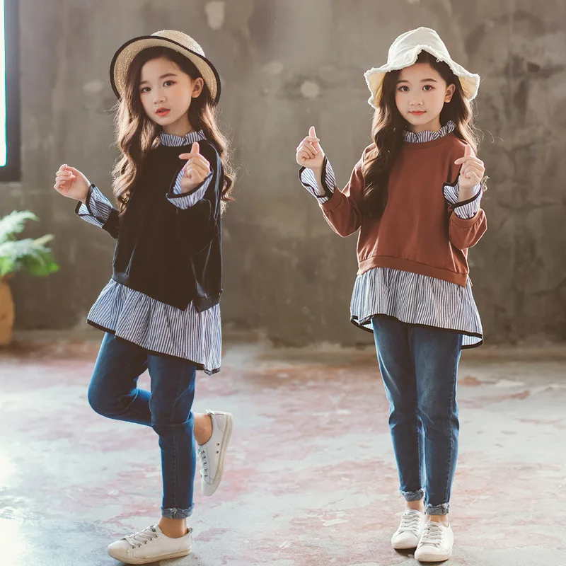 

Girls' Sweater Fake Two-Piece Set Spring Clothing Big Boy Korean-style Fashion T-shirt Jeans 2019 Spring CHILDREN'S Garment 8