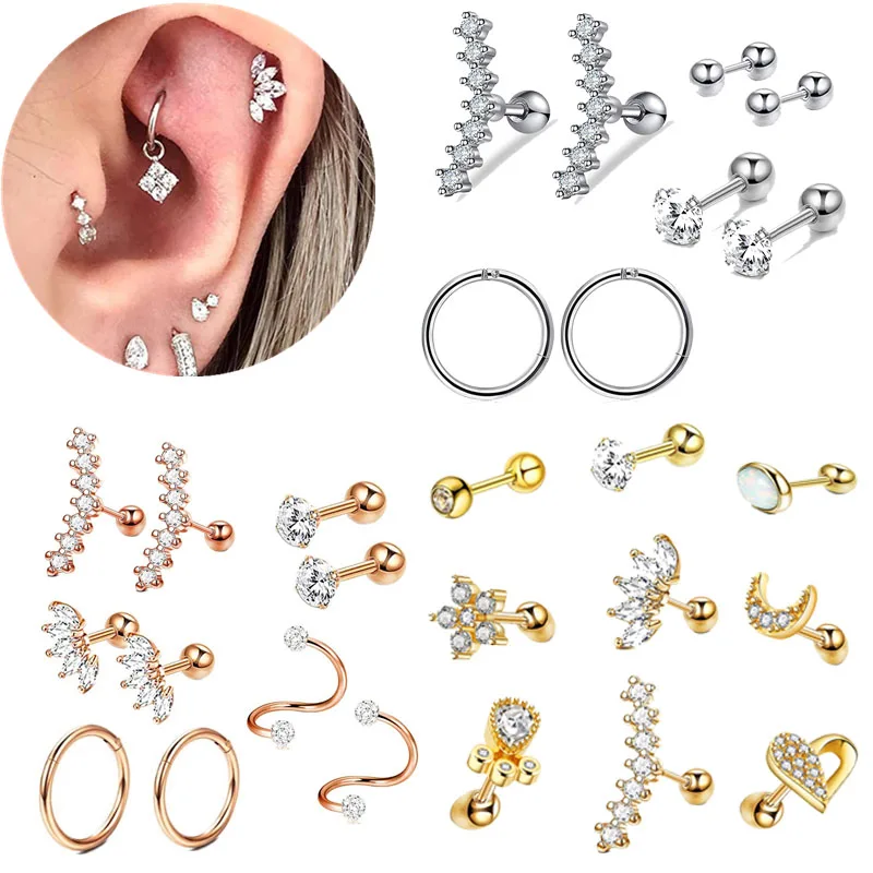 

Stainless Steel Crystal Cartilage Earring Set 16G Heart Ear Tragus Piercing Helix Earrings Hoop Bulk Stud Ear Rings Pircing Lot