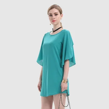 

Yellow Green Solid Chiffon Round Neck Sleeve Women Top Fashion Summer Casual Leisure Chic Daily Women Clothes For Lady