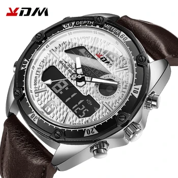 

KDM Leather Band Men Watch Dual Quartz Digital Display Dial Window Wristwatches Relogio Masculino 30M Waterproof Male Watches