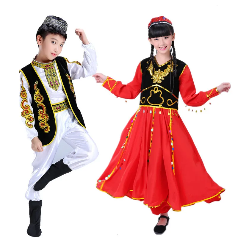 Костюмы для народных танцев в китайском стиле, одежда Xingjiang, одежда для выступлений в национальном стиле, платье для мальчиков и девочек, костюмы для китайских танцев