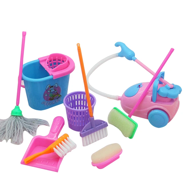 9Pcs Mini Pretend Play Mop Broom Toys Cute Kids Cleaning Furniture Tools Kit Lovely Doll House Clean Toys 9pcs