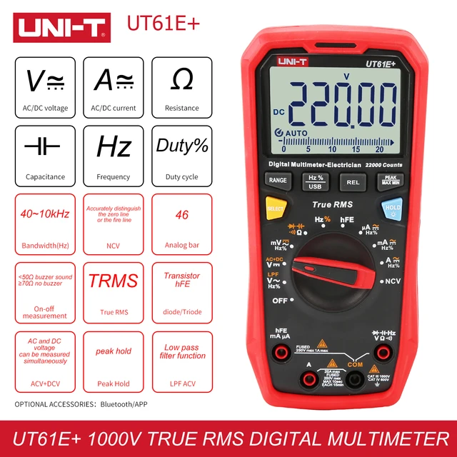 UNI-T Digital Multimeter UT61B+, True RMS 1000V AC DC 6000 Counts USB  Transmission NCV Measures Voltage AC/DC Current Resistance Capacitance  Frequency