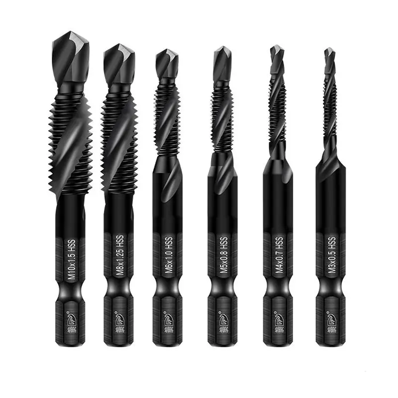 

6pcs M3-M10 HSS Drilling and Tapping Tap Set Multi-function Drilling Bit with Tapping 6.35 Hex Shank Taps Threading Tool