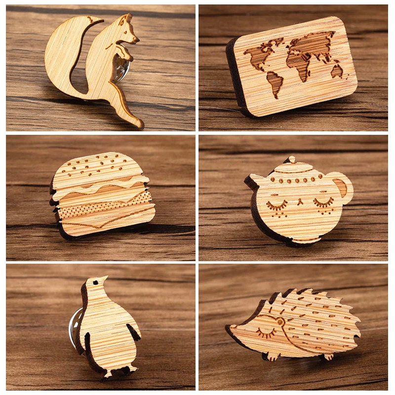 #*Cheap Sasusp Cute Jumping Fox Hamburger Brooches For Women Men Penguin Teapot Wood Brooch Pin Clothes Backpacks Decoration