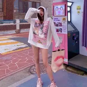 Белый Забавные милые японские худи с принтом толстовки Модные kawaii розовые толстовки Уличная Повседневная Осенняя объемный пуловер с капюшоном для женщин - Цвет: Белый