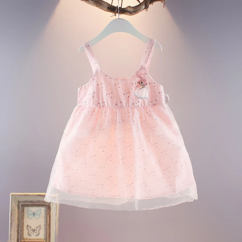 Летнее повседневное модное платье для маленьких девочек белое, розовое платье без рукавов с рисунком кролика для малышей сетчатая одежда принцессы для детей