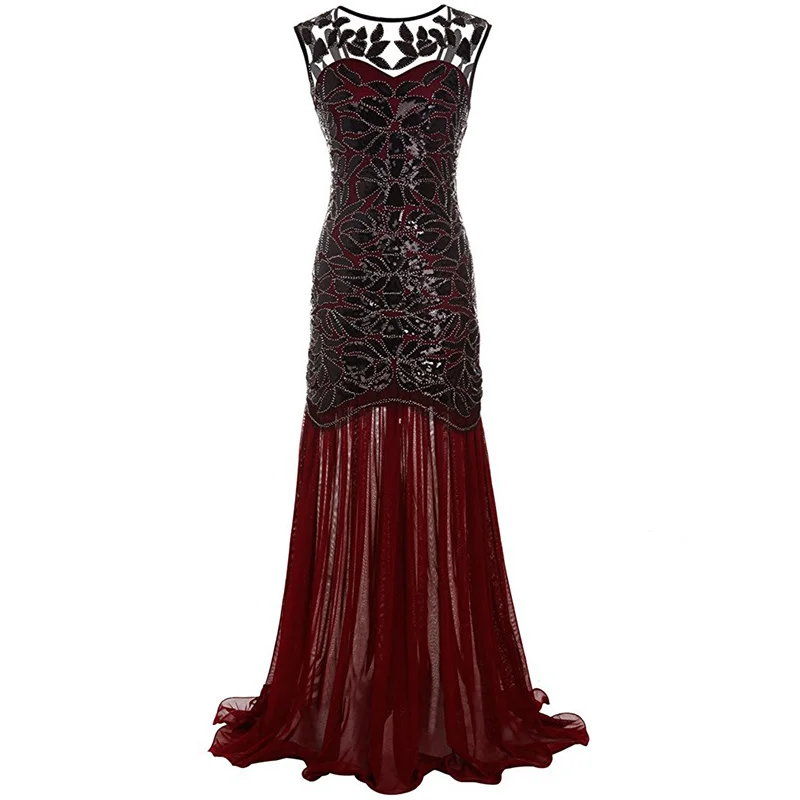 Wine Red Dress Женские 1920s в бусинах и пайетках геометрический узор Макси Длинный Хлопушка в стиле Гэтсби платье - Цвет: Wine Red Dress