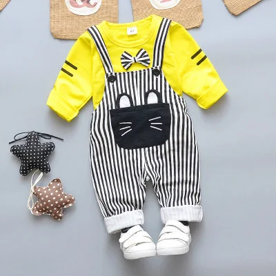 Autumn New Baby Boy Clothes Toddler Girls Suspender Trousers T-shirt Long sleeves Children Sets - Цвет: Цвет: желтый