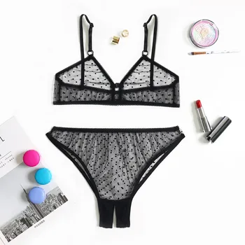

CHAMSGEND 2020 Fashion Black Lingerie Set Open Crotch Thong New Women Sexy Wave Point Mesh Wireless Bra Women Intimates S-XLF623