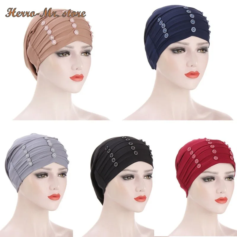 

Muslim Women Stretch Silk Crystal Hemp Ruffle Bead Pearl Turban Hat Cancer chemotherapy Chemo Caps Headwrap Hair Accessories
