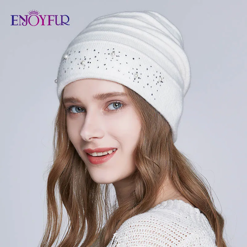 Женская шапка со стразами ENJOYFUR, зимняя теплая шерстяная шапка бежевого цвета с двойной подкладкой