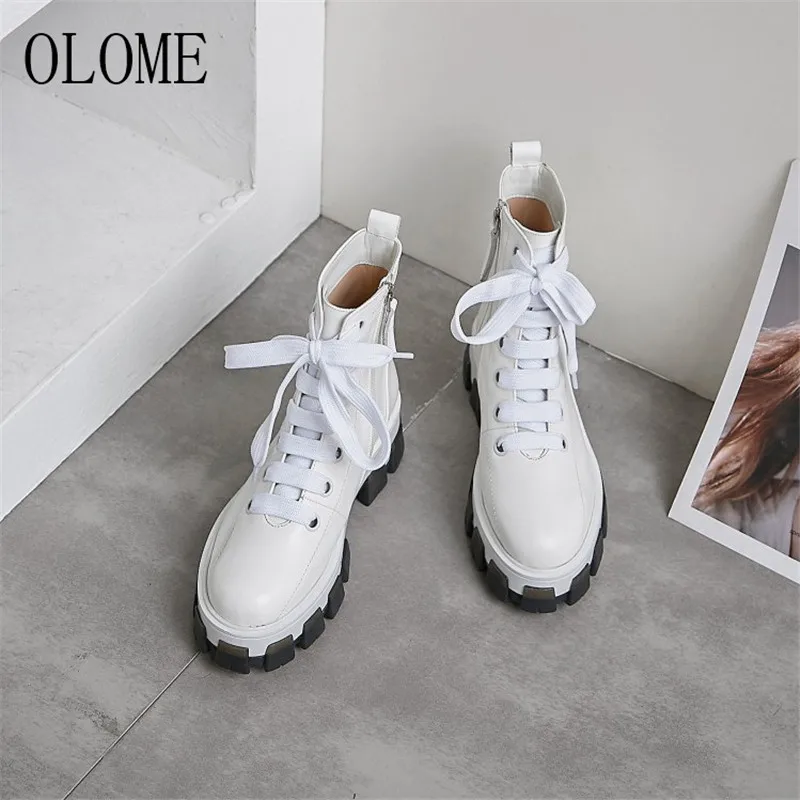 OLOME; Новинка; Модные женские ботильоны; Цвет черный, белый; женские осенне-зимние ботинки с круглым носком, боковой молнией, на толстом среднем каблуке