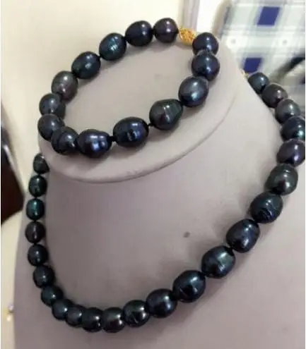 

STUNNING 12-13MM TAHITIAN BLACK GREEN PEARL NECKLACE 18 INCH 14K GOLD CLASP FREE BRACELET 7.5-8 INCH