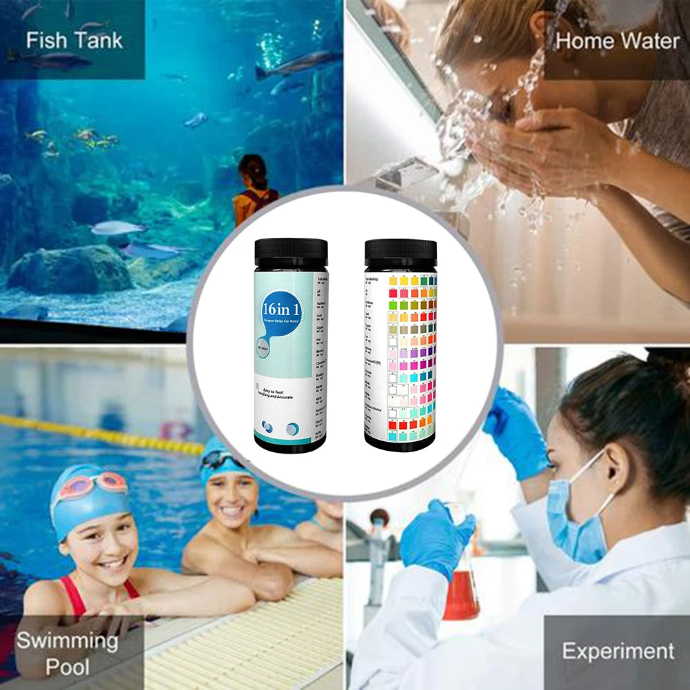 100Pcs 16 In 1 Pool PH Test Strip Drinking Water Quality Tester Residual Chlorine Value Meter Spa Test Paper Swimming Security