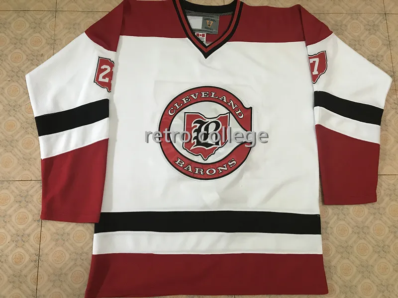 

Barons #27 Gilles Meloche Retro throwback Hockey Jersey Embroidery Stitched Customize any number and name