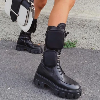 

Platform Thick Bottom Martin Boots Pocket Bag Woman Boots Genuine Leather Lace-up Mid-tube Boots Luxury Designer Woman Shoes