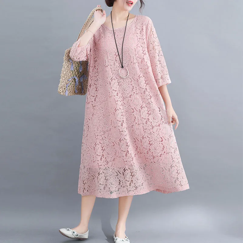Fashion Designer Party dress Women Elegant embroidery Lace Crochet Hollow Out Loose Solid Dress vestidos Plus Size