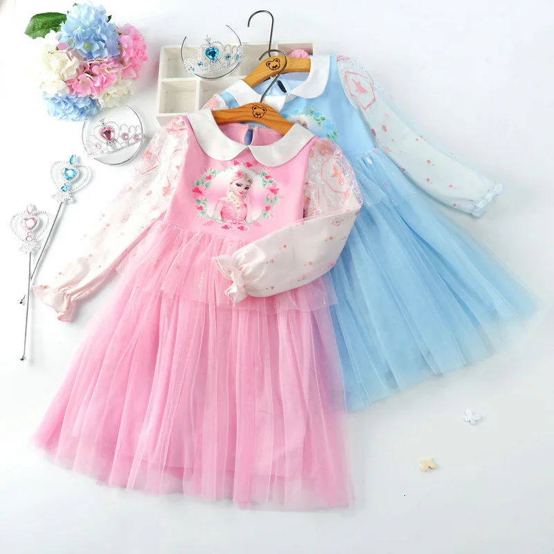 Одежда для девочек; платья; осеннее платье с длинными рукавами; романтичное детское платье принцессы с милым кукольным воротником; кружевное Сетчатое платье с манжетами